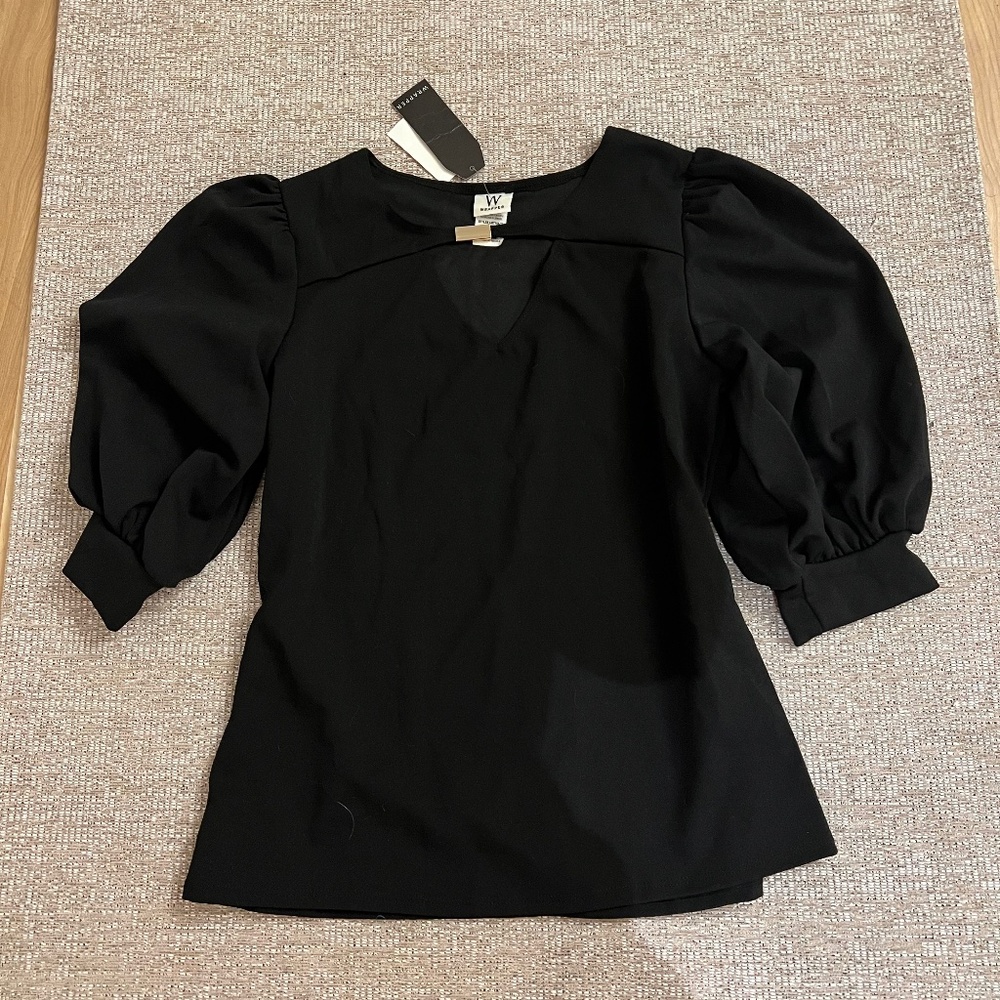 Wrapper black bell sleeve blouse